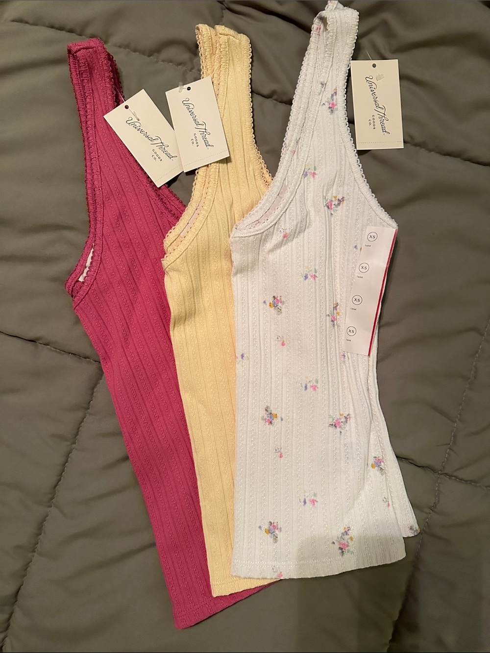 Universal Thread Lace Trim Pointelle Tank Tops in Pink, Yellow, and White Floral